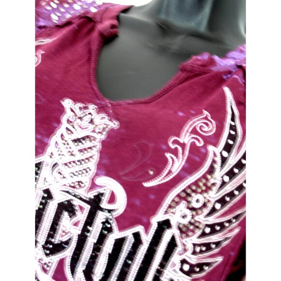 Affliction Women's T-Shirt Purple/Black/Silver, Beaded, Size Large, Defect - Picture 2 of 12